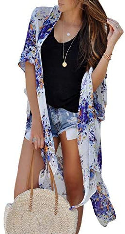 Relipop Women's Chiffon Blouse Loose Tops Beach Kimono Floral Print Cardigan