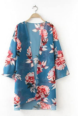 Relipop Women's Chiffon Blouse Loose Tops Beach Kimono Floral Print Cardigan