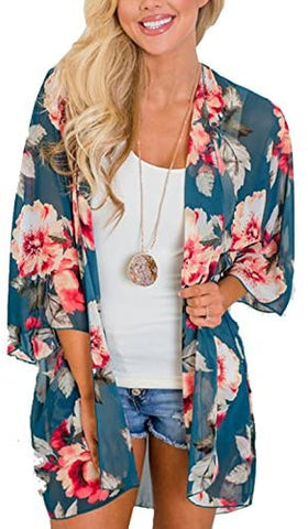 Relipop Women's Chiffon Blouse Loose Tops Beach Kimono Floral Print Cardigan