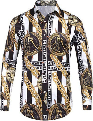 Pacinoble Mens Long Sleeve Fashion Luxury Design Print Dress Shirt (Gold, XX-Large)