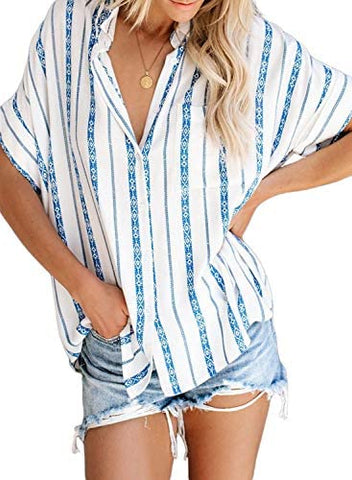 HOTAPEI Womens Casual V Neck Striped Cuffed Sleeve Button Down Collar Blouses Shirts