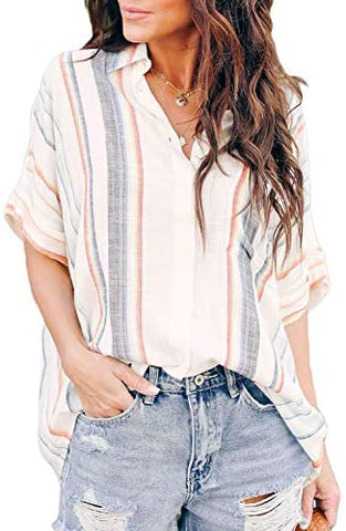 HOTAPEI Womens Casual V Neck Striped Cuffed Sleeve Button Down Collar Blouses Shirts