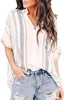 Image of HOTAPEI Womens Casual V Neck Striped Cuffed Sleeve Button Down Collar Blouses Shirts