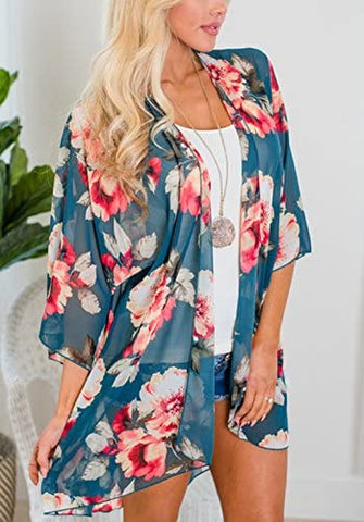 Relipop Women's Chiffon Blouse Loose Tops Beach Kimono Floral Print Cardigan