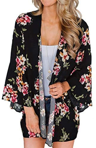 Relipop Women's Chiffon Blouse Loose Tops Beach Kimono Floral Print Cardigan