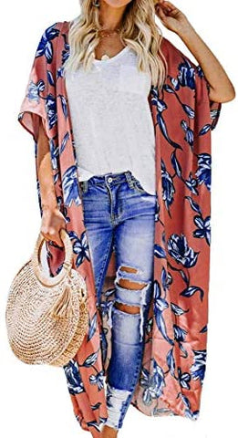 Relipop Women's Chiffon Blouse Loose Tops Beach Kimono Floral Print Cardigan