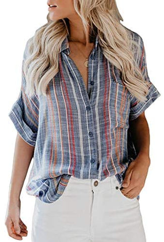 HOTAPEI Womens Casual V Neck Striped Cuffed Sleeve Button Down Collar Blouses Shirts