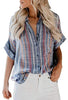 Image of HOTAPEI Womens Casual V Neck Striped Cuffed Sleeve Button Down Collar Blouses Shirts