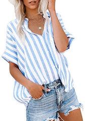 HOTAPEI Womens Casual V Neck Striped Cuffed Sleeve Button Down Collar Blouses Shirts