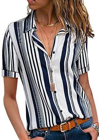 HOTAPEI Womens Casual V Neck Striped Cuffed Sleeve Button Down Collar Blouses Shirts