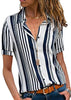 Image of HOTAPEI Womens Casual V Neck Striped Cuffed Sleeve Button Down Collar Blouses Shirts