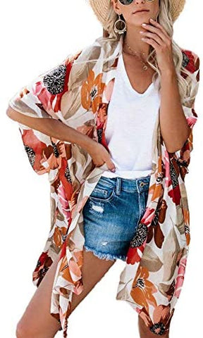 Relipop Women's Chiffon Blouse Loose Tops Beach Kimono Floral Print Cardigan