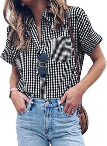 HOTAPEI Womens Casual V Neck Striped Cuffed Sleeve Button Down Collar Blouses Shirts