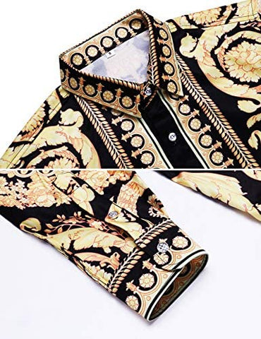 Pacinoble Mens Long Sleeve Fashion Luxury Design Print Dress Shirt (Gold, XX-Large)