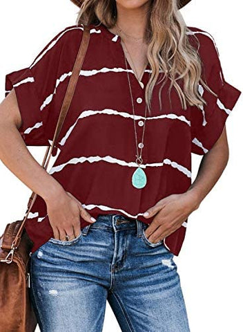 HOTAPEI Womens Casual V Neck Striped Cuffed Sleeve Button Down Collar Blouses Shirts