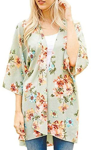 Relipop Women's Chiffon Blouse Loose Tops Beach Kimono Floral Print Cardigan