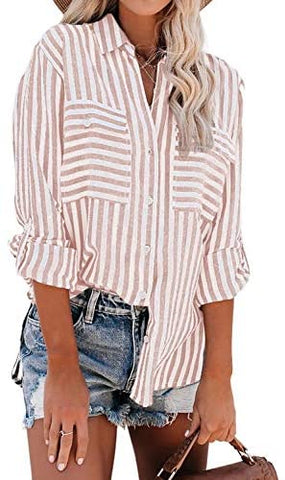 HOTAPEI Womens Casual V Neck Striped Cuffed Sleeve Button Down Collar Blouses Shirts