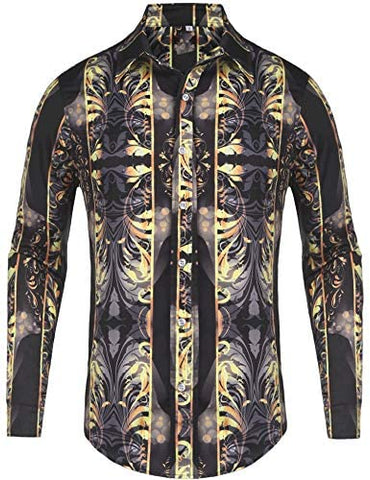 Pacinoble Mens Long Sleeve Fashion Luxury Design Print Dress Shirt (Gold, XX-Large)