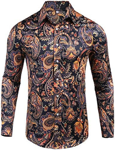 Pacinoble Mens Long Sleeve Fashion Luxury Design Print Dress Shirt (Gold, XX-Large)