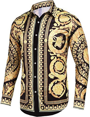 Pacinoble Mens Long Sleeve Fashion Luxury Design Print Dress Shirt (Gold, XX-Large)