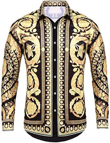 Pacinoble Mens Long Sleeve Fashion Luxury Design Print Dress Shirt (Gold, XX-Large)